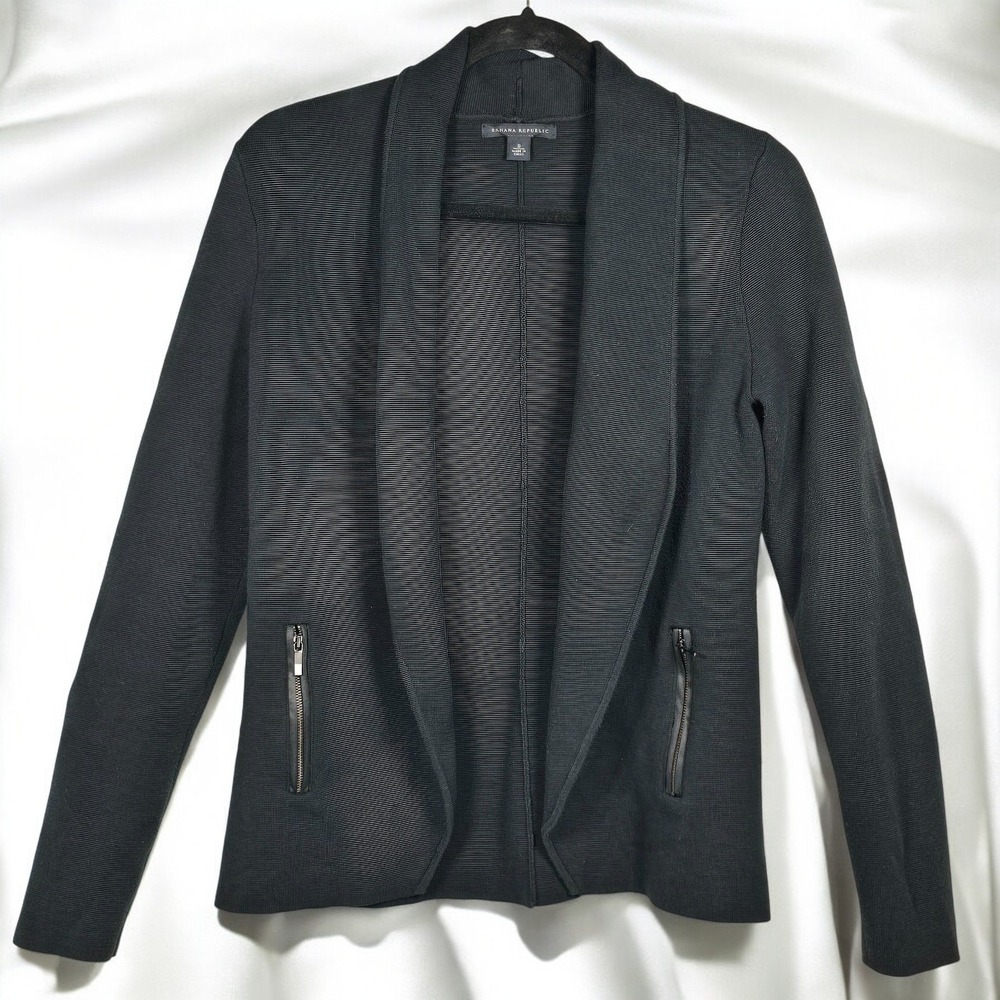 Banana Republic Knit Open Cardigan Woman Small Black Shawl Collar Zipper Pocket
